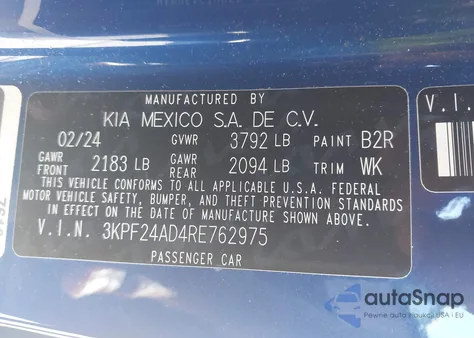 2024 Kia Forte Lxs z USA, uszkodzony, nr VIN 3KPF24AD4RE762975